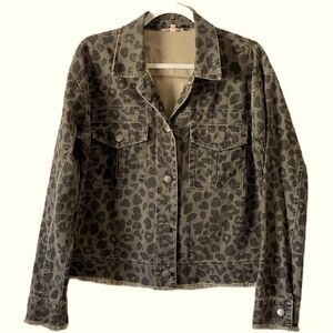 Mystree Sz M Leopard Raw Hem Jean Jacket Button Front Green Gray Black